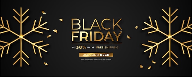 Black Friday realistic banner with golden snowflakes