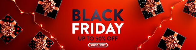 Black friday sale 50% off poster with gift box and led string lights for retail