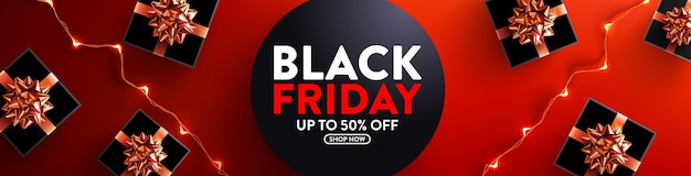 Black friday sale 50% off poster with gift box and led string lights for retail