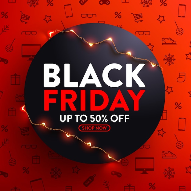 Black friday sale 50% off poster with led string lights for retail,shopping or black friday promotion in red and black style