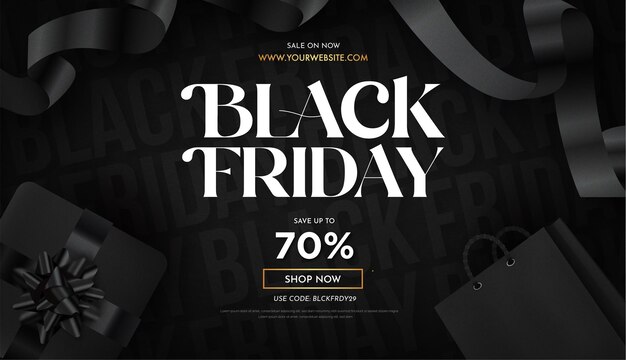 Black friday sale banner background with realistic 3d objects