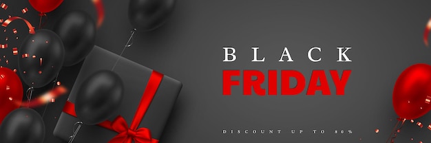 Black Friday sale banner. Red and black realistic glossy balloons, gift box and glitter confetti. Black background. Vector illustration.