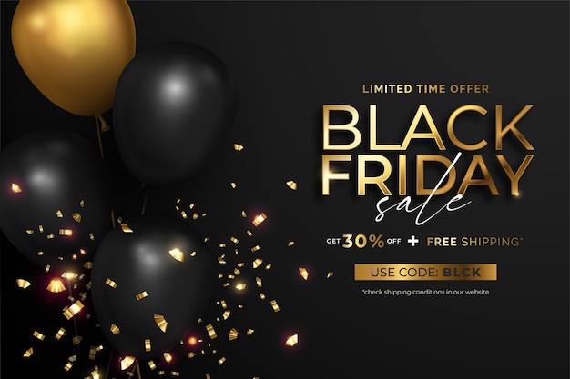 Free vector black friday sale banner with realistic balloons and confetti