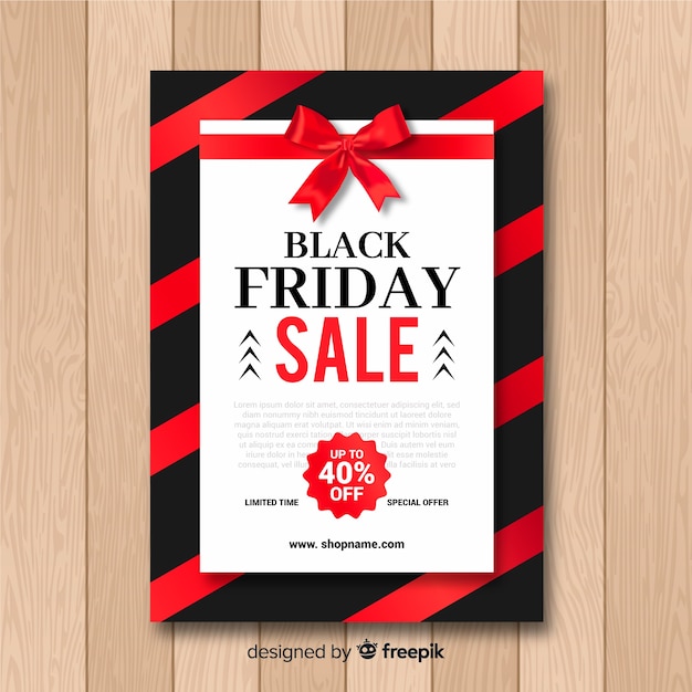 Free vector black friday sale flyer template in black and red with stripes and ribbon