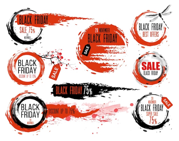 Black friday sale handdrawn ink badges in traditional japanese style