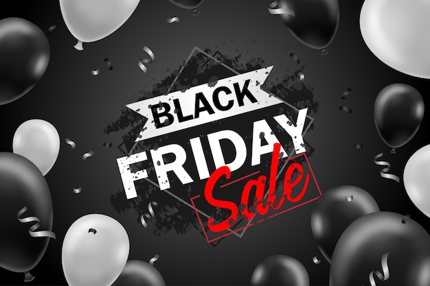 Poster di vendita del black friday con palloncini neri per lo stile di vendita al dettaglio, shopping o promozione del black friday