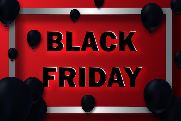 Poster di vendita del black friday con palloncini lucidi su sfondo rosso con cornice quadrata