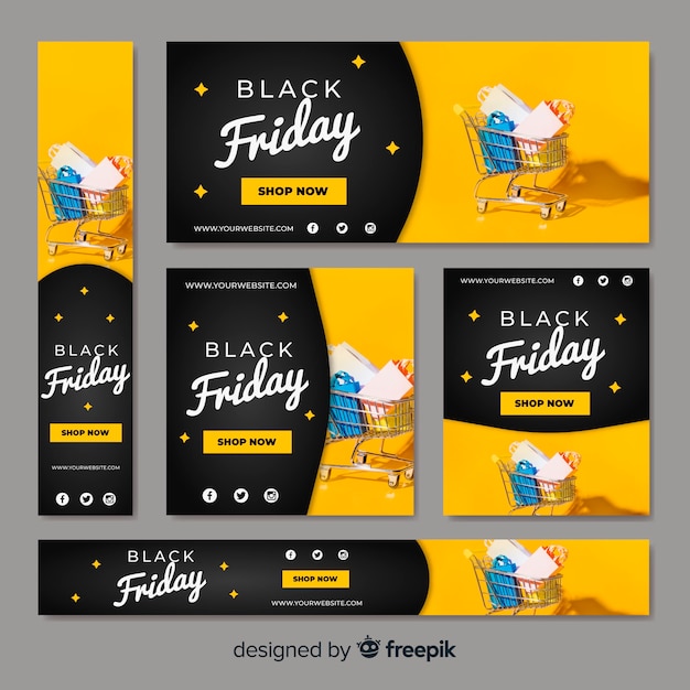 Free vector black friday sale web banner collection with shopping cart