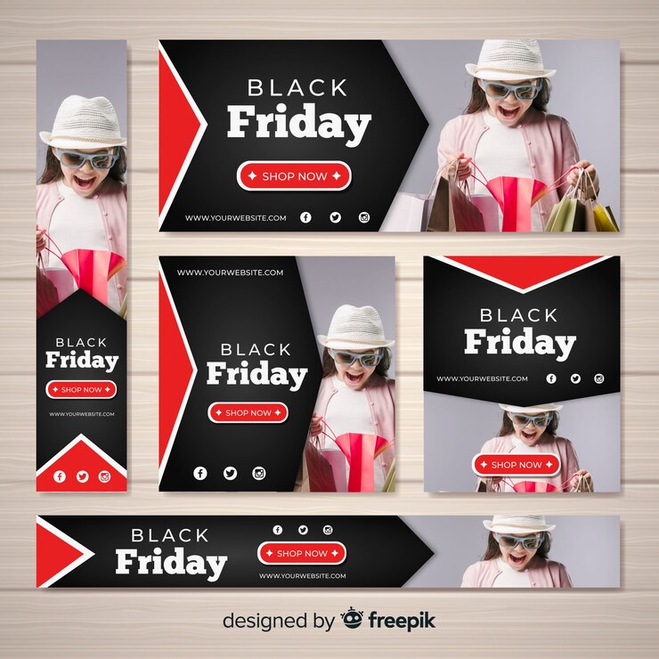 Free Vector black friday sale web banner collection with woman shopping