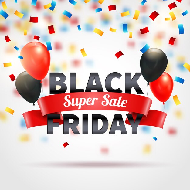 Black friday super sale banner with colorful balloons and confetti realistic vector illustration