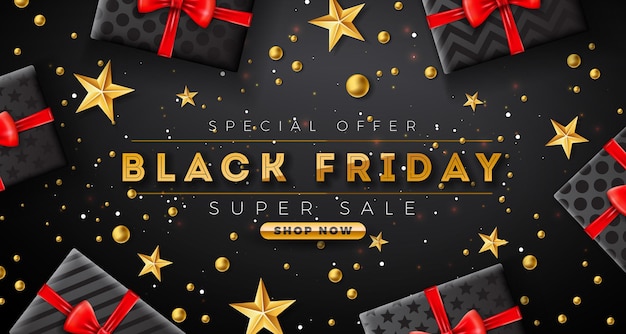 Бесплатное векторное изображение Черная пятница супер распродажа иллюстрация с золотыми буквами и подарочной коробкой на темном фоне