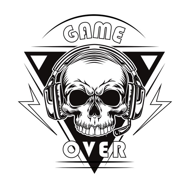 Black game over vector illustration. Vintage dead head or skull of gamer in headphones