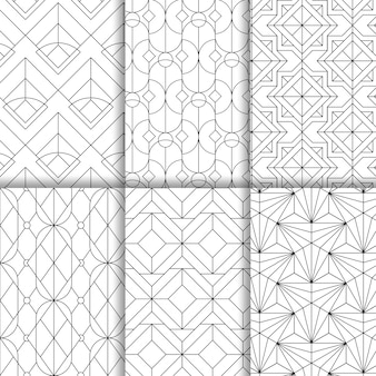 Black geometric seamless patterns set on white background