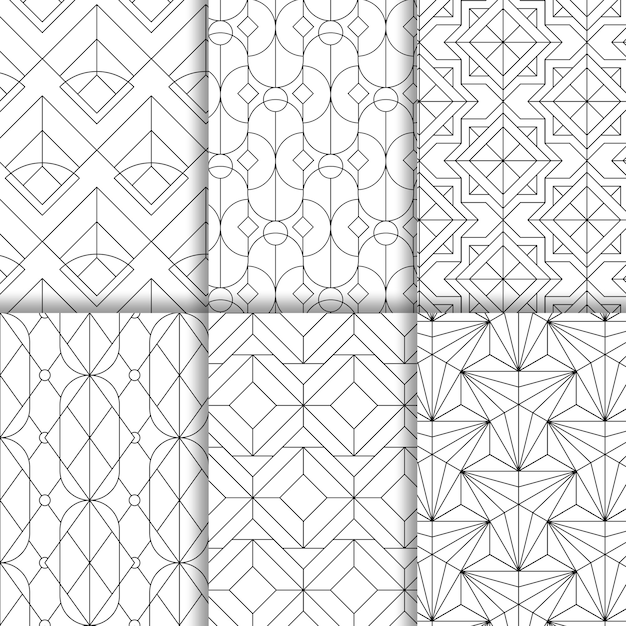 Black geometric seamless patterns set on white background