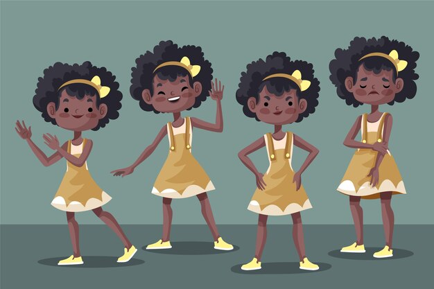 黄色のドレスでかわいいアフリカ系アメリカ人の女の子のキャラクター プレミアムベクター