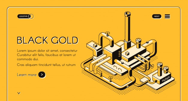 Modello di web o insegna del nero dell'oro con la linea arte della pianta della raffineria di petrolio