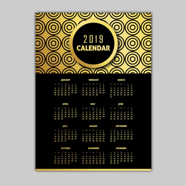 Free vector black and golden 2019 pattern calendar designs