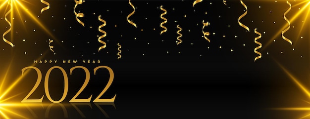 Black and golden 2022 new year banner with falling confetti and light effect