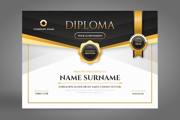 Vettore gratuito certificato di diploma nero e dorato con nastro