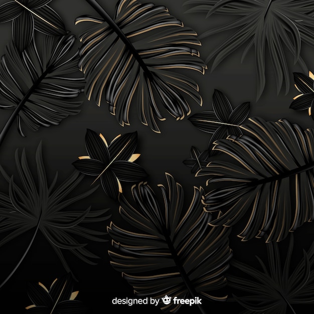 Black and golden tropical leaves background