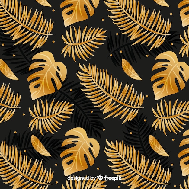 Black and golden tropical leaves background