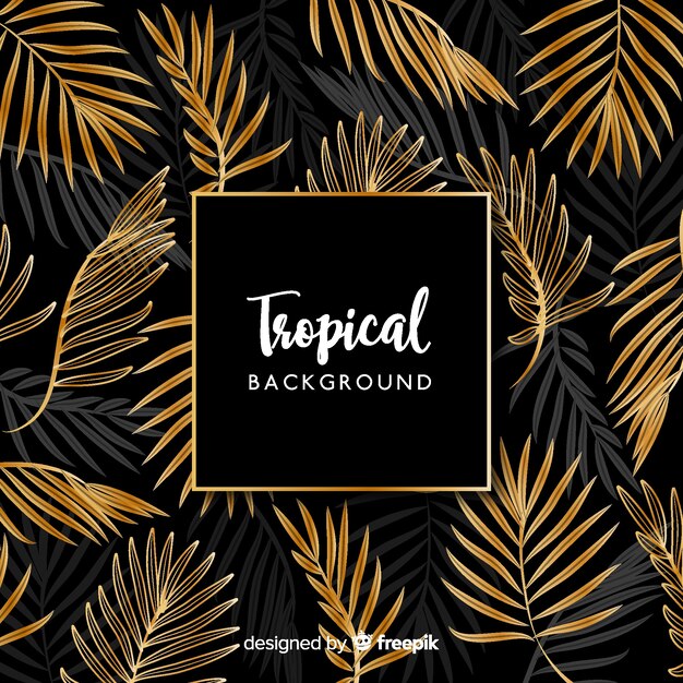 Black and golden tropical leaves background