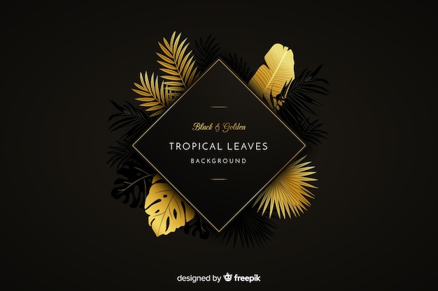 Black and golden tropical leaves background