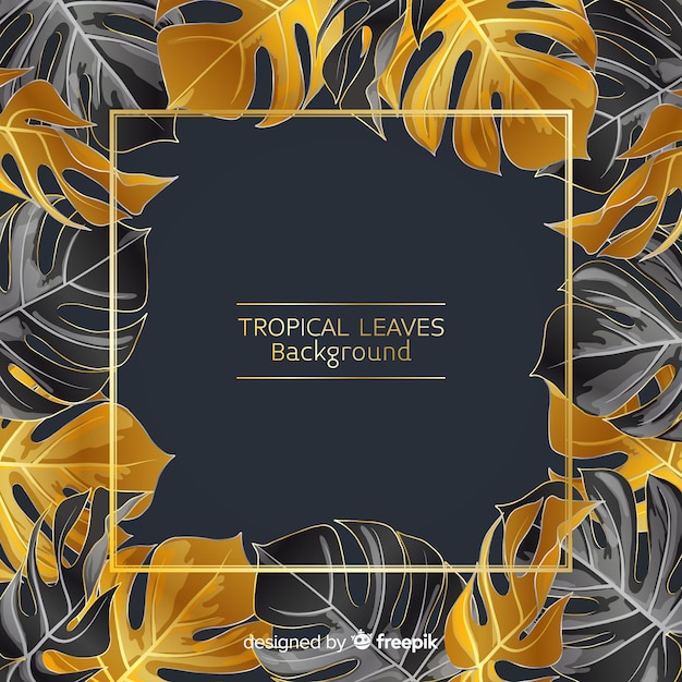 Black and golden tropical leaves background