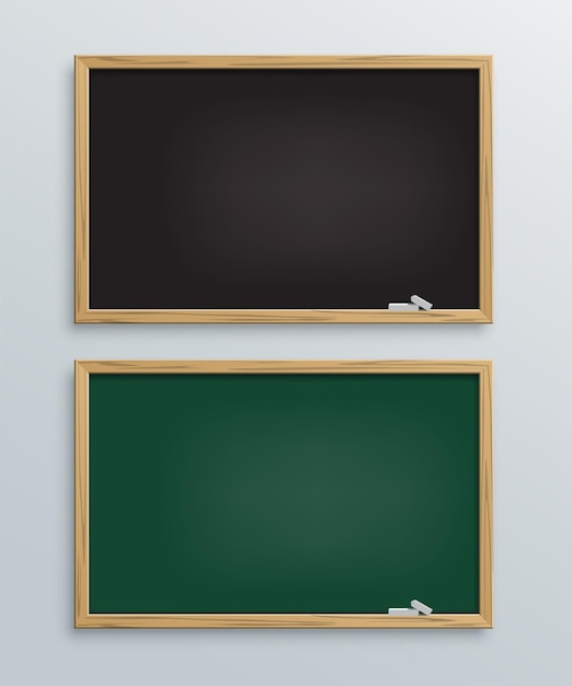 Black and green school chalkboards with chalk pieces Two class blackboards isolated on grey background