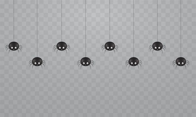 透明な背景にかわいいクモをぶら下げブラック ハロウィーンのクモの巣に怖いクモ プレミアムベクター 透明な背景にかわいいクモをぶら下げブラック ハロウィーンのクモの巣に怖いクモ プレミアムベクター