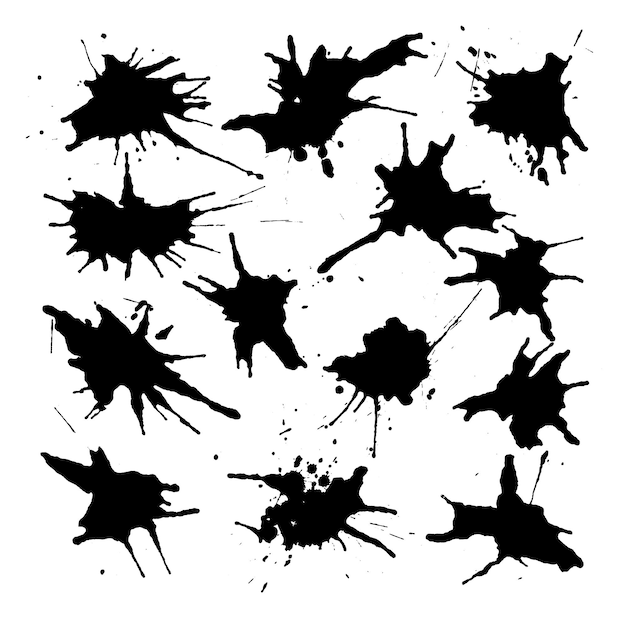 Black ink spots set on white background Ink illustration Brush strokes set