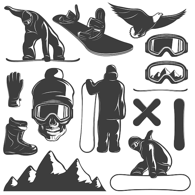 Black isolated snowboarding icon set equipment outfit and snowboarder vector illustration