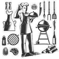 Free vector black isolated vintage bbq element set with chefs figure and his dishes