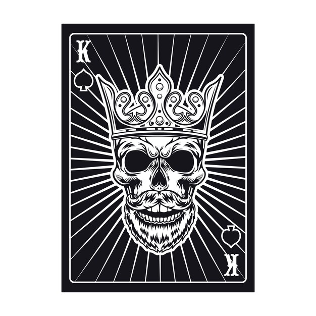 Black king skull on playing card. Spade