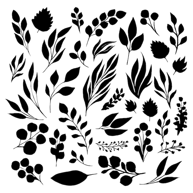 Black Leaf Inked Silhouettes Set. Vector Isolated Illustration