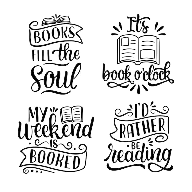 Free vector black lettering book lovers stickers collection