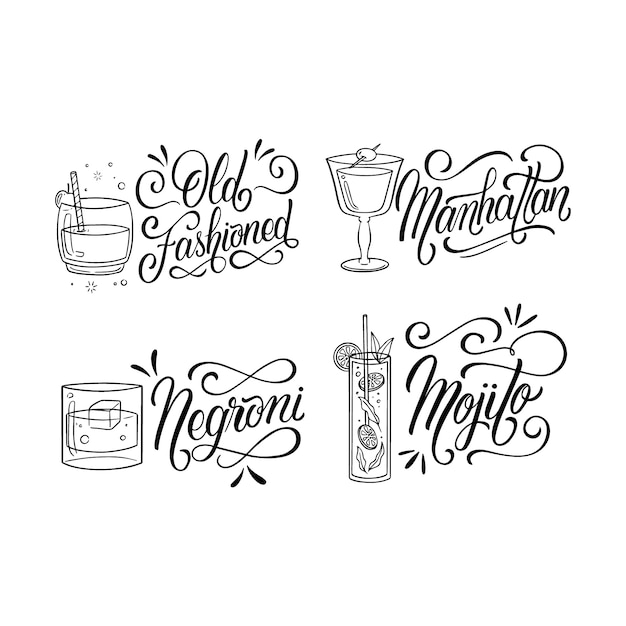 Free vector black lettering cocktails stickers