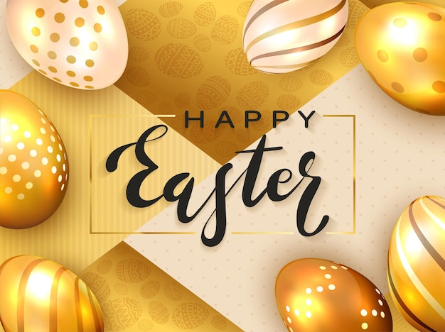 Black lettering happy easter with golden easter eggs and luxury elements on holiday gold background, illustration.