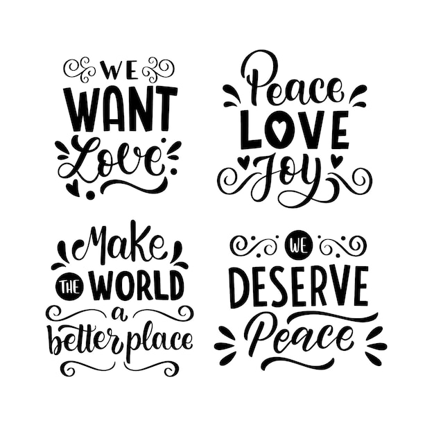 Free vector black lettering peace and love stickers collection