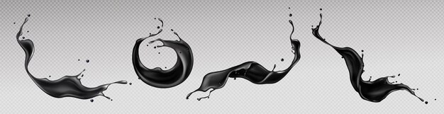 Black liquid splashes, swirl and waves with scatter drops