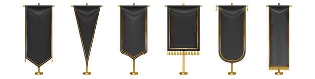 Black long pennant flags with golden tassel fringe and borders isolated. Black textile pennons different shapes on gold pillars