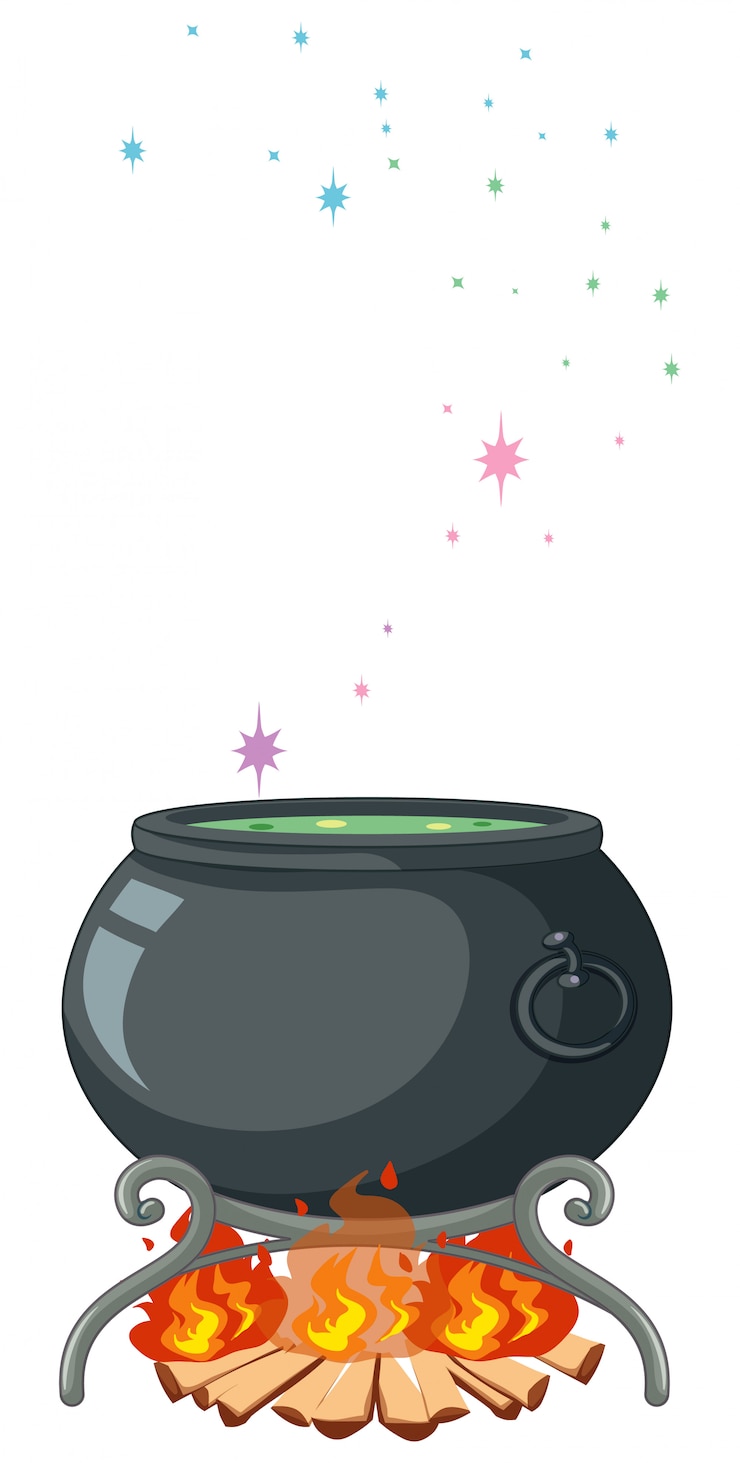 Free Vector black magic pot and magic wand cartoon style isolated on white background