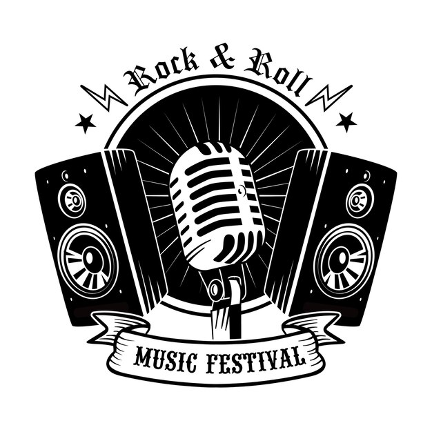 黒のマイクとスピーカーのベクトル図。コンサートや音楽祭のヴィンテージプロモーションロゴ