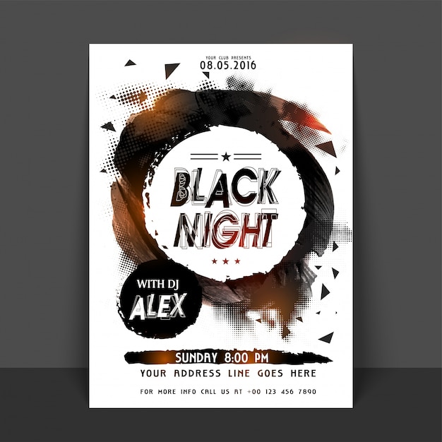 Black party party flyer, шаблон или баннер. абстрактные полутоновых стиль фона с круговой рамкой, сделанные мазков кисти.