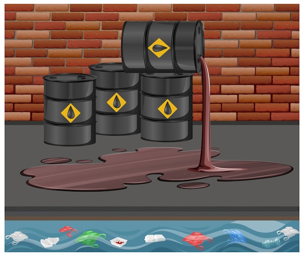 black oil barrels with crude sign spill oil on the floor on brick background