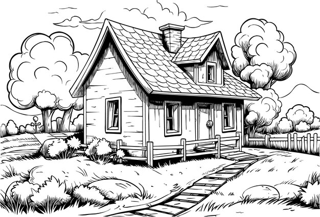 black outline coloring books rural house view