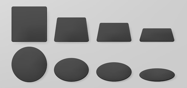 Free vector black paper coasters for beer mug. vector realistic mockup of blank square and round beermat in top view. bierdeckel for cup or cardboard mat different shapes and angles isolated on grey background.