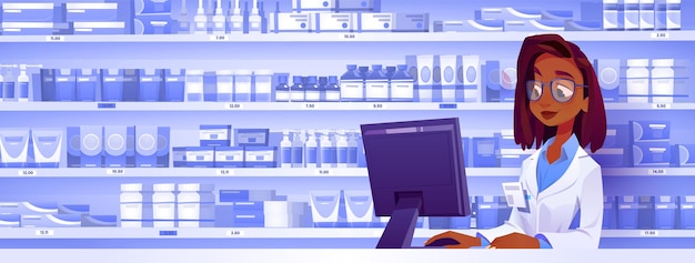 Бесплатное векторное изображение Черный фармацевт прилавок в аптеке вектор