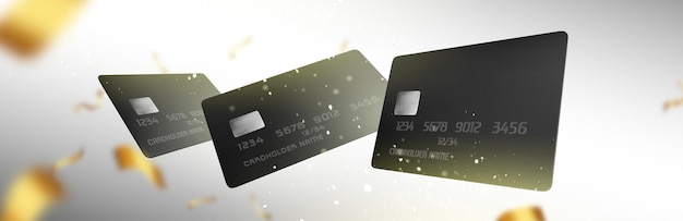 金のリボンで落ちる黒いプラスチックのクレジットカード。 3d空白の銀行のデビットカード、チップと光沢のある紙吹雪のショッピングまたは割引カードで現実的な背景をベクトルします