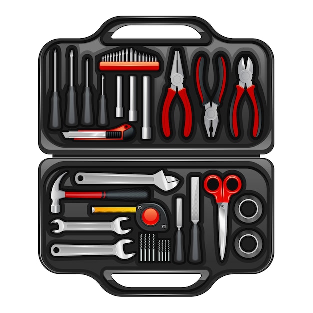 Бесплатное векторное изображение Черная пластиковая шкатулка для хранения и хранения инструментов и инструментов